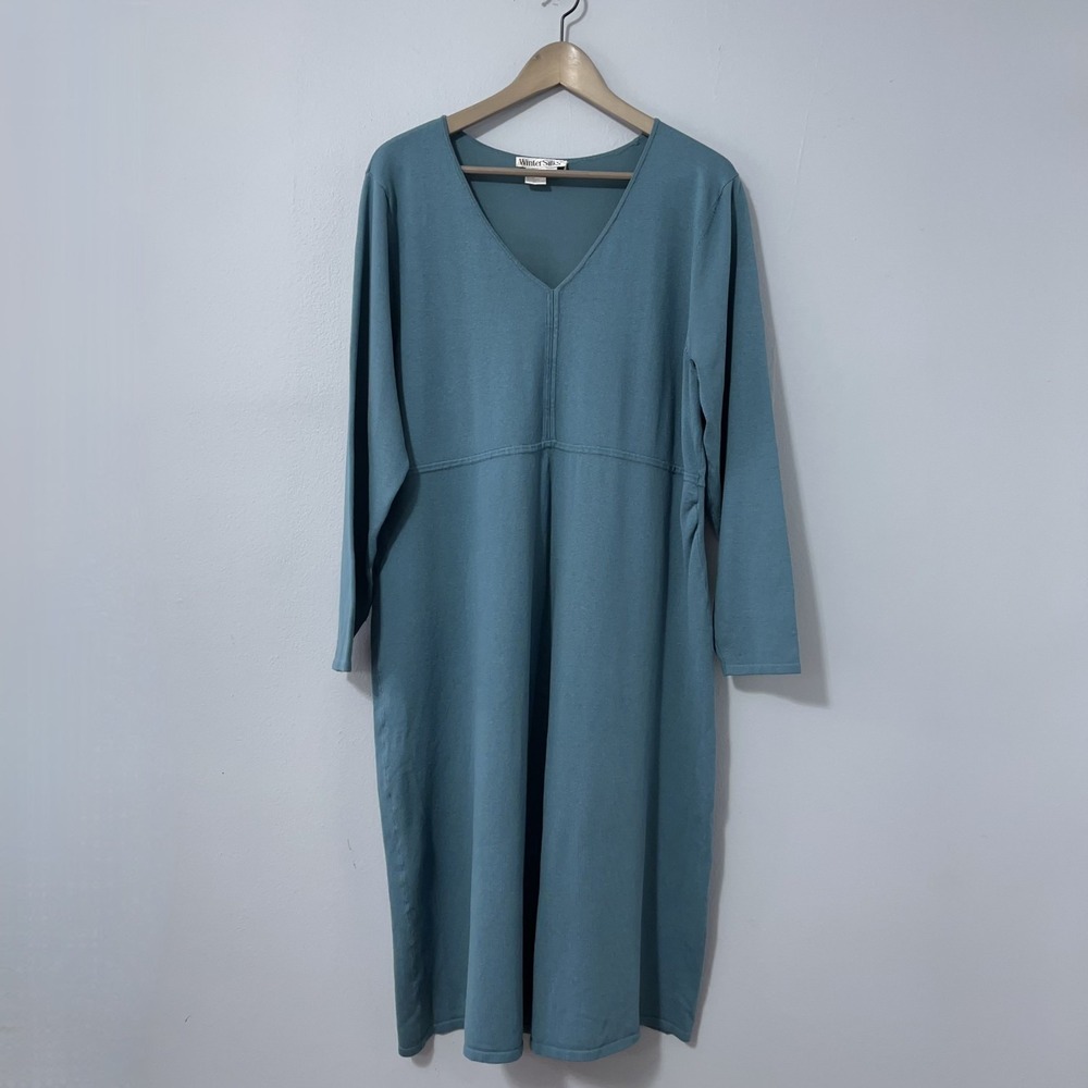 WinterSilks Knit Dress Women XL Teal V-Neck Long Sleeve Pullover Silk Blend